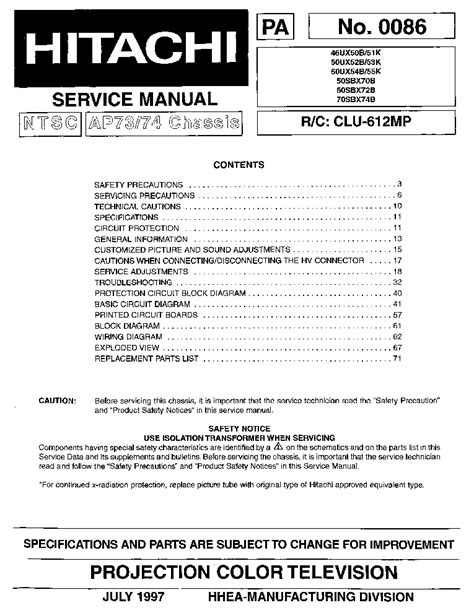 Hitachi 60sbx72b 70sbx74b 50sbx70b tv service manual. - White tractor service manual wh s 100120.