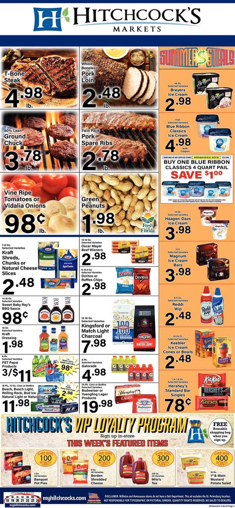 Hitchcock's weekly ads starts from April 27 till may 3, 2022 deals o... n meat, fresh produce, seafood grocery, beverages, fresh dairy, frozen food, bakery and deli, fresh meat,. Hitchcock's weekly ad has offers on whole chicken at 1.98lb, strawberries and blueberries at 2/$5, avocados or mangoes 4/$5, essential everyday canned vegetables, essential everyday chunks or shreds at 1.68.