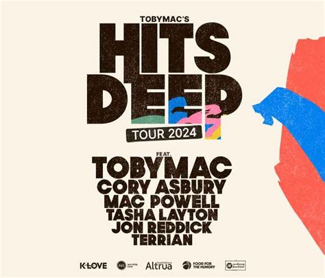 Hits deep tour 2024. TobyMac Hits Deep Tour is supported nationally by KLOVE, and Air1 Radio, Food for the Hungry, and Altrua HealthShare. Tickets go on sale Thursday September 23, 2021 at 12pm ET. You can save 20% on all tickets from September 23 through September 27 when you enter the code INSIDER during our Fan Appreciation Sale! ... Mar 2024. CLOSE ... 