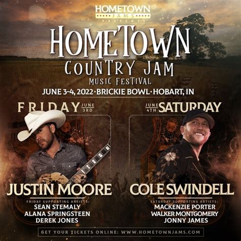 Hometown Jams Music Festival 2023. Line-up. Brantley Gilbert. Dustin Lynch. Jon Langston. Filmore. Ashley Cooke. Restless Road. Halle Kearns. Venue. Brickie Bowl. 705 E 4th St. 46342 Hobart, IN, US. 1 upcoming concert. Additional details. Price: US $69.99 – US $999.99. Doors open: 15:30. For fans of: Country. Share this festival. Biographies..