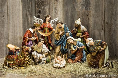  Large Christmas nativity scene set of 11 hand-painted polyresin figures, up to 12 inches high. Beautifully detailed, this tastefully designed polyresin nativity set includes hand-painted figurines of baby Jesus in the manger, mother mary, joseph, a kneeling angel, three wise men and kings bearing gifts, a shepherd holding a sheep, a cow, a ... . 