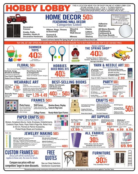 Hobby lobby sale flyer. About this app. Download the new Hobby Lobby app to browse the weekly ad, locate stores near you, check your gift card balance and much more. Hobby Lobby is now at your fingertips! Hobby Lobby offers over 75,000 products from crafts, wearable art, home accents, frames, jewelry, hobbies, papercrafting, custom framing, fabric, art supplies, party ... 