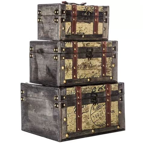 Add some stylish decor to your home, such as this Brown &amp; Gold Trunk Set. These chests are dark brown and feature&nbsp;intricate gold and black patterns along the edges. The edges have strips of faux leather&nbsp;with rounded gold studs on them. There is a gold metal loop latch on the front, so you can easily open them up! Display them with other vintage-style pieces for a well-rounded look! 
