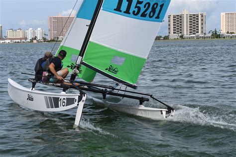 Hobie 16 for sale. The Hobie Cat 16 is a 16’7” (5.05m) double handed sport/beach catamaran designed by Hobbart (Hobie) Alter (United States). She is built since 1969 by Hobie Cat (United States) with 32767 hulls completed. The Classic version is offered with a boom allowing better and larger sails. The Hobie Cat 16 is as well listed, on Boat-Specs.com, … 