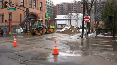 Hoboken water main break. Crews are working to repair a 16-inch main that was accidently ruptured by contractors. 