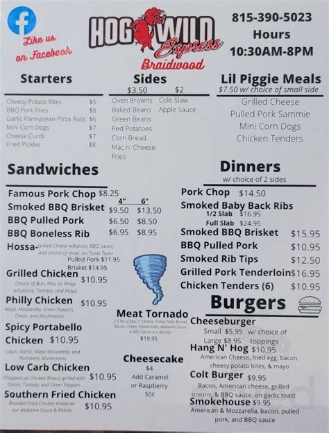 Hog wild express braidwood menu. MoNdAy SpEcIaLs CHEESEBURGERS $5-Small $6-Large $7-COLT $8-Smokehouse $9 Hang’n Hog Smoked Chicken Wings Mile High Meatloaf ‼️BURNT ENDS AVAILABLE‼️ 