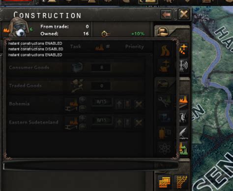 Hoi4 instant construction. Hearts of Iron IV > General Discussions > Topic Details. LegendsofCocks Jul 8, 2016 @ 1:55pm. Instant repair. I was wondering if anyone knows how to repair your infrastructure, air bases, forts, etc. using a console command or editing files. Repairing the infra of conquered territories takes so long and I want to know how to make it faster when ... 