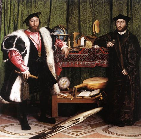 Holbein's ambassadors. The Ambassadors by Hans Holbein the Younger (1497-1543) This double full-length portrait shows two Frenchmen who visited London in 1533. The flamboyantly dressed Jean de Dinteville on the left was an ambassador to the court of King Henry VIII. While he was in England he commissioned this painting from the German painter Hans Holbein who was ... 