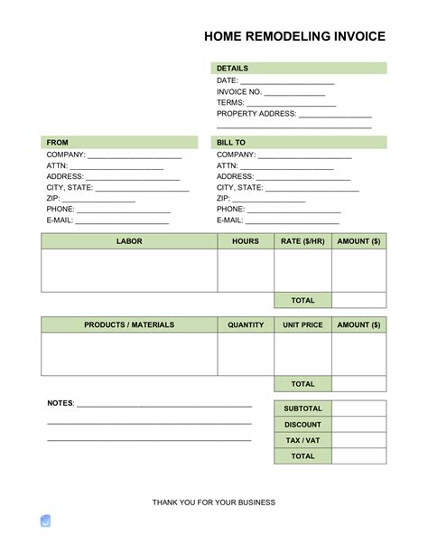Home Renovation Invoice Sample Excel Templates