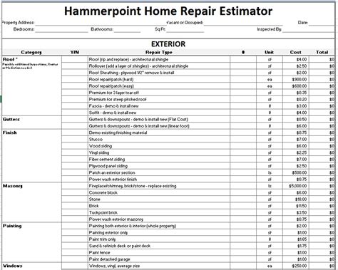 Home Repair Estimate Template Addictionary