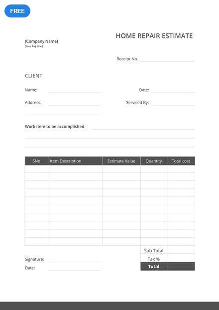 Home Repair Estimate Template Excel Word Apple Numbers Apple Pages Pdf Template Net