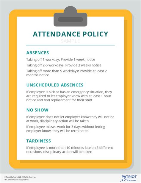 The goals of an attendance policy: Establish procedures for reporting absences and tardiness. Standardize requests for planned and last-minute time off. Minimize cases of culpable absence or job .... 