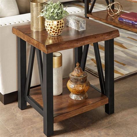Home depot end table. Features open shelf for display and storage of your handy needs. Material: Manufactured from CARB Grade composite wood. Sturdy on flat surface. Easy assembly with instruction and hardware provided. Product Weight: 7.5 lb. Rounded edge design prevents potential injuries. Product Dimension: 18.89 (W)x19.53 (H)x15.55 (D) Inches. 