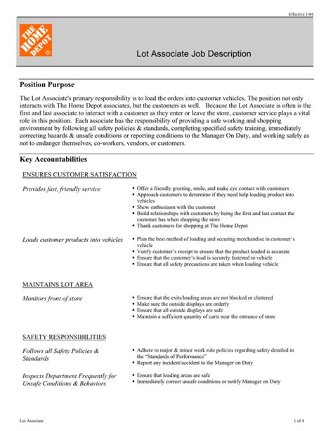 Home depot lot associate job description. OVERVIEW. Job Description. Lot Associates assist customers with the loading of their vehicles and also monitor and maintain the entrance of the store. Lot Associates also are responsible for maintaining a sufficient quantity of carts near the entrance of the store. This position interacts with Home Depot associates and customers. 