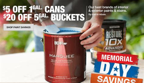 Home depot paint sale memorial day 2023. Ongoing. Online Deal. 40% off in the Sherwin Williams sale. 40% Off. Ongoing. Up to 35% Off - Sherwin Williams promo code. Find hand-tested discounts for October 2023, for paints, varnishes and ... 