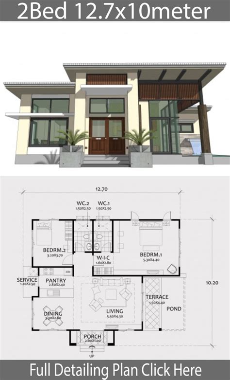 Home design plan 12.7x10m with 2 Bedrooms Home Design with Plan