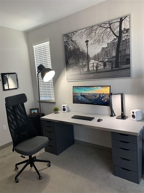 Home office setup. Metal, wood, leather, glass – even a crystal figurine – fuse together to create a bedroom office workspace with personality. 12. Floating the Chair-and-Desk. If you have the space for it, ‘float’ your … 