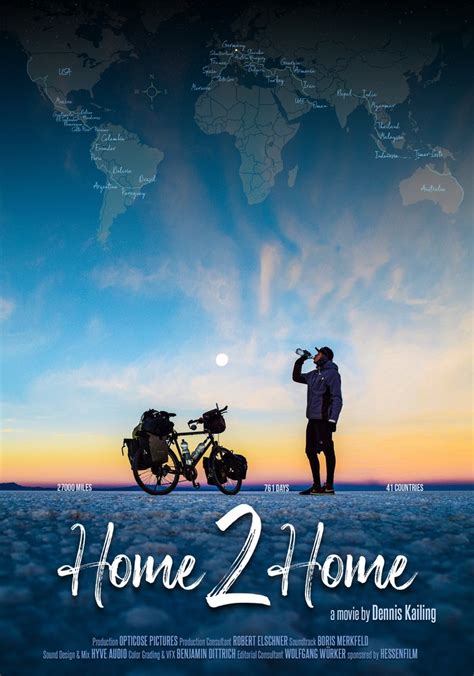 Home2home - Home2Home: Directed by Dennis Kailing. Home2Home tells the story of Dennis Kailing who travels 43,600 km (27,000 miles) through 41 countries on 6 continents to circumnavigate the planet in 761 days. He does it on a bicycle - on his first bike journey ever. With the question "What makes you happy", but without experience in bike traveling, the …