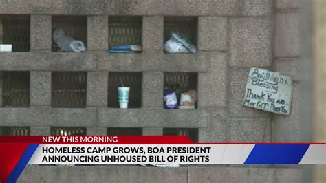 Homeless camp grows, BOA president announcing unhoused Bill of Rights today