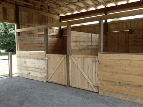 Built Horse Stalls: Most barn builders like to built their own horse stalls, especially in barns that already have interior support posts installed. All you need to do in order to built stalls in such barn is to purchase enough of 2x8 or 2x6 T&G boards, install extra door posts and then attach boards to posts creating stall fronts and partitions.. 