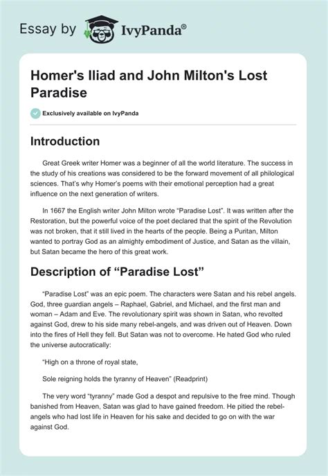 Homer’s Iliad and John Milton’s Lost Paradise Research Paper