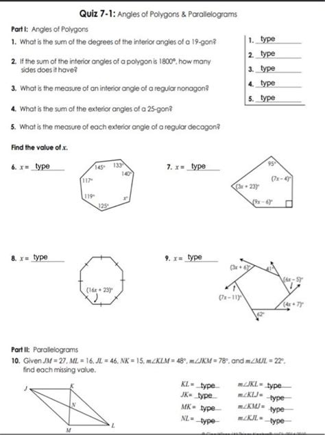Math Geometry Geometry questions and answers Name: Unit 7: Polygons & Quadrilaterals Date: Per: Homework 1: Angles of Polygons ** This is a 2-page document! ** 1. What is the sum of the measures of the interior angles of an octagon? 2. What is the sum of the measures of the interior angles of a 25-gon? 3.
