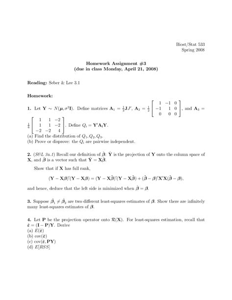 Homework Assignment 3 Theory Of Linear Models Stat 533 Docsity