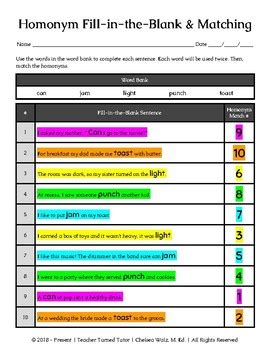 Homonym Fill In The Blank Teaching Resources TPT