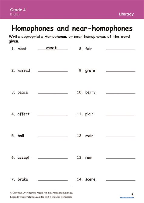 Homophones online worksheet for 4th grade