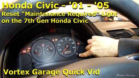Honda civic 2001 maintenance required light. Step 1: Turn your Civic ignition on without starting your engine or press the start button twice without touching the brake. Step 2: Press the Trip knob repeatedly until the Engine Oil Life percentage displays. Step 3: Press and hold the trip knob until the Engine Oil Life percentage starts to blink. 