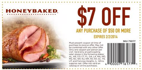We will track and highlight the site-wide offers of Honey Baked. Honey Baked Ham Coupons April 2024. Buy 1 pound, Get 1 pound 50% off Ham or Turkey slices:- 728913. Up to $50 off with Minimum .... 