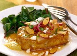 Honey-Braised Pork Chops with Pears, Red Onion, Feta and Almonds