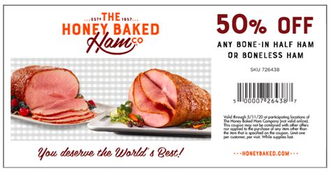 Honeybaked ham promo codes. 01/31/24 - 02/07/24. Online Code: 728844. Scan QR Code In-Store. Valid through 01/31/24 through 02/07/24. Offer includes buy one 1lb slices, get second 1lb slices for free. 1lb ham or turkey slices only at participating retail locations. Not valid for shipped orders. Coupon required for offer redemption. May not be combined with other offers ... 
