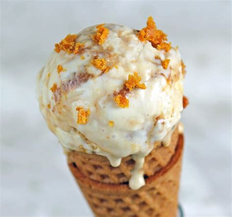Honeycomb ice cream. Add one to the tub and stir to mix, then crumble the second on to the top of the Chocolate Honeycomb Ice Cream. Chocolate Honeycomb Ice Cream with extra chocolate honeycomb on top. Pop on an airtight lid and place the ice cream in the freezer to firm up. Remove the container from the freezer 15 minutes prior to serving. 