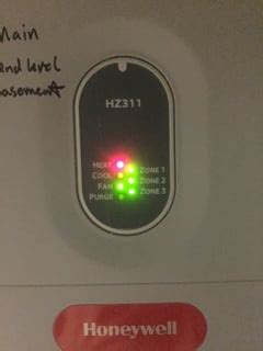 Got a Honeywell HZ311 Truezone, starting unit (no call on thermostats, OFF), fire up purge steady yellow all 3 Zones green, then pruge light off Zone 1 red, Zone 2 green, Zone 3 red, Head LED steady r …. 