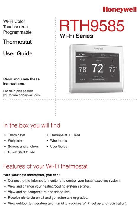 Honeywell RCHT8610WF2006/W Home Lyric™ T5 Smart Thermostat - Use Manual - Use Guide PDF. Documents: Go to download! Owner's manual - (English, French) Table of contents. Included in your box: Get the most from Lyric T5 Wi-Fi Thermostat; Removing your old thermostat; Installing your Lyric T5 Wi-Fi Thermostat; Setup with Lyric App.