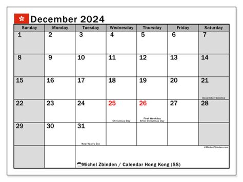 Hong Kong Calendar - December 2024