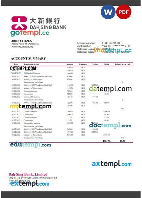 Hong Kong DAH Sing bank statement Excel and PDF template