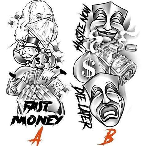 Hood money tattoo drawing. The drug dealer gangster tattoo is a symbol of power, respect, and rebellion against society's rules. The tattoo often depicts images of guns, money, drugs, and other related imagery that represents the criminal lifestyle. The symbol has been popularized by movies and television shows, but it has roots in real-life gang culture. 