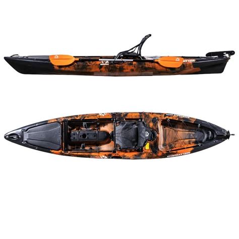 The Tempest 120 Hybrid is uniquely designed with a distinguished tracking fin for paddling straight with the option to go with a pedal drive system. Hoodoo Impulse 105/120 Dual Drive Kayak. The Impulse Dual Drive Kayak comes in these colors: Marine reef. Purple haze.. 