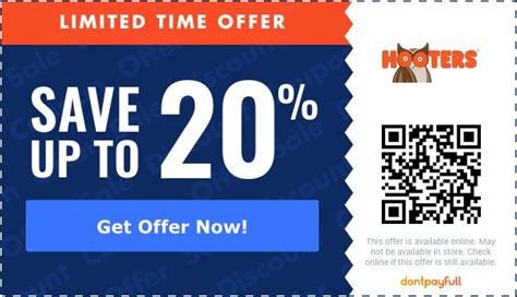 Hooters Coupon Codes, Printable coupons, and Promo Codes Food, Beverage, & Restaurant Coupons 6 Coupon Codes Available 3 Online Coupons 2 Coupon Codes added this week New Coupon. Hooters. Need a midweek pick me up? We’ve got $10 off $50 for you. Enter coupon code 10off50 in the Coupon section of the app to redeem.. 