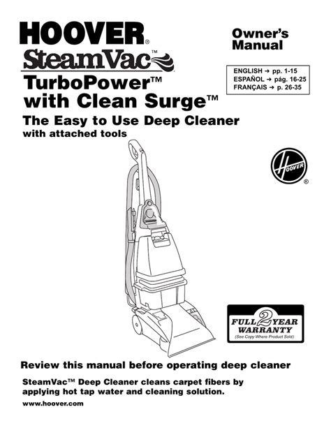 Hoover steam vac spin scrub manual. Read “Before you begin cleaning” instructions on page 13. 1. Fill clean water tank according to instruc- tions for Figs. 2.8-2.10 2. Fill detergent container with Hoover Carpet/Upholstery Detergent according to instructions for Figs. 2.10-2.12 3. Select proper SpinScrub™ mode (see pg. 10). 