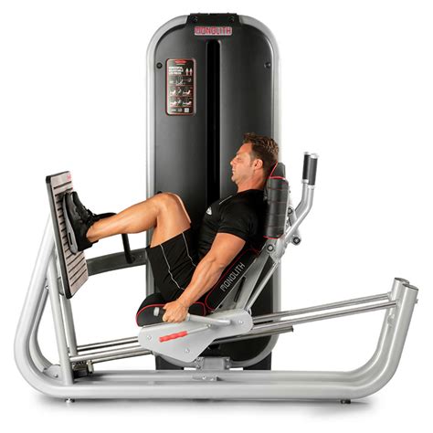 Horizontal leg press. Instructions. Begin by selecting the weight on the machine. Sit on the machine and place your feet at hip-width on the footplate. Push your legs to full extension and release the handle. Lower the sled until the weight stack almost hits the ground and repeat. Lower the weight stack slowly back to the ground. 
