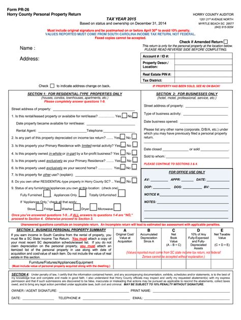 The Horry County Auditor's Office is responsible for the collection and processing of Personal Property Returns (Form PT-100). If you owned a property in Horry County on December 31st of the prior year and this was not your legal residence, you are required to complete and submit a Personal Property Return.. 