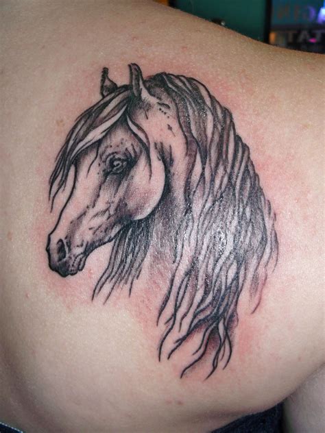 Horse Head, Black and Gray on Back of Shoulder Tattoo Tattoosonback