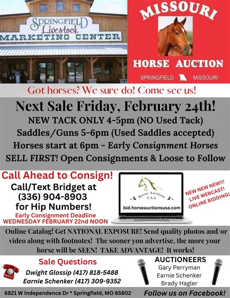 Missouri Horse Auction, Nixa, Missouri. 9,410 likes · 193 talking about this · 56 were here. Missouri Horse Auction Monthly Horse Sales (the LAST FRI) at 6821 W. Independence Dr Springfield, Mo.
