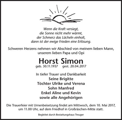 Horst Simon : Traueranzeige : Wochen Kurier