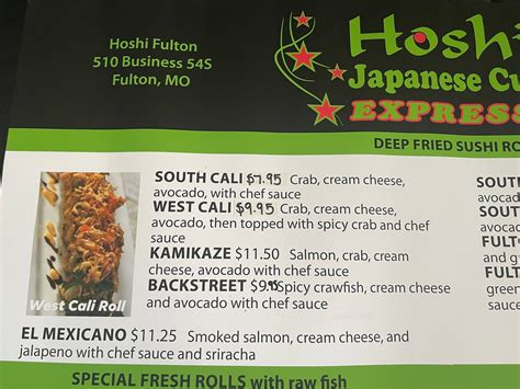 Hoshi japanese express fulton menu. Our regular customer always order this.. he make his own sushi..# crab meat,cucumber,avocado top with tempura sweet potato n masago + chef's sauce.. 