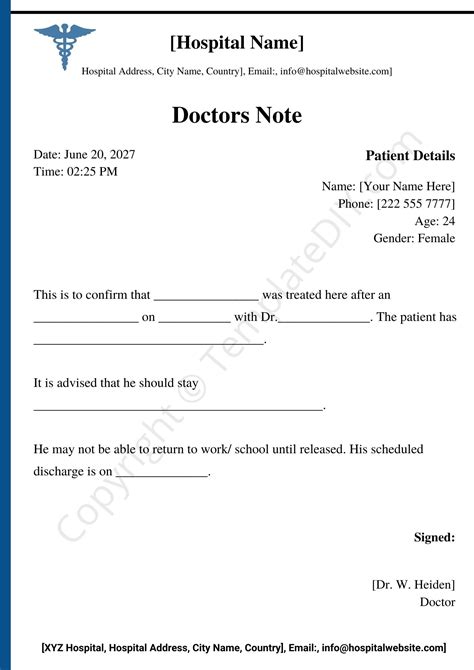 Hospital Real Doctors Note for Work Printable in PDF Word