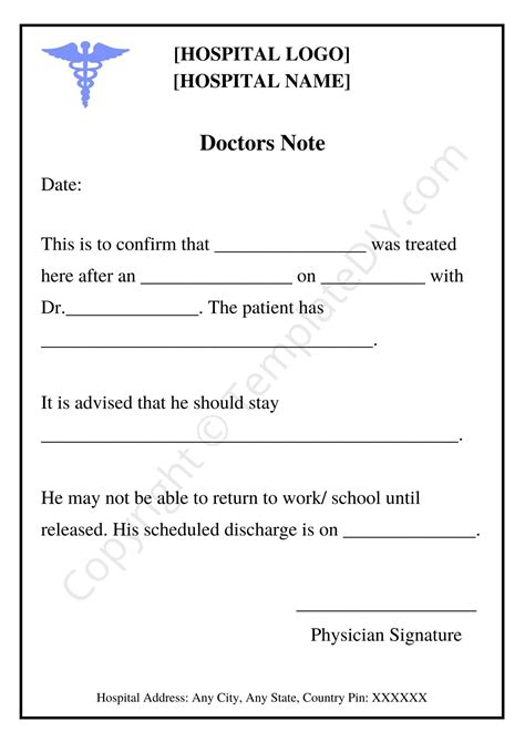 Hospital Real Doctors Note for Work Template in PDF Word